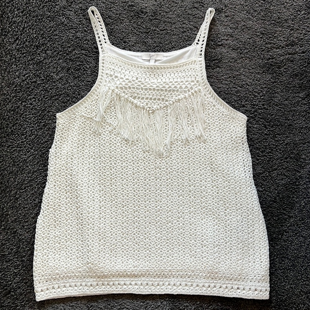 Joie white Olesia crochet fringe tank top, size small